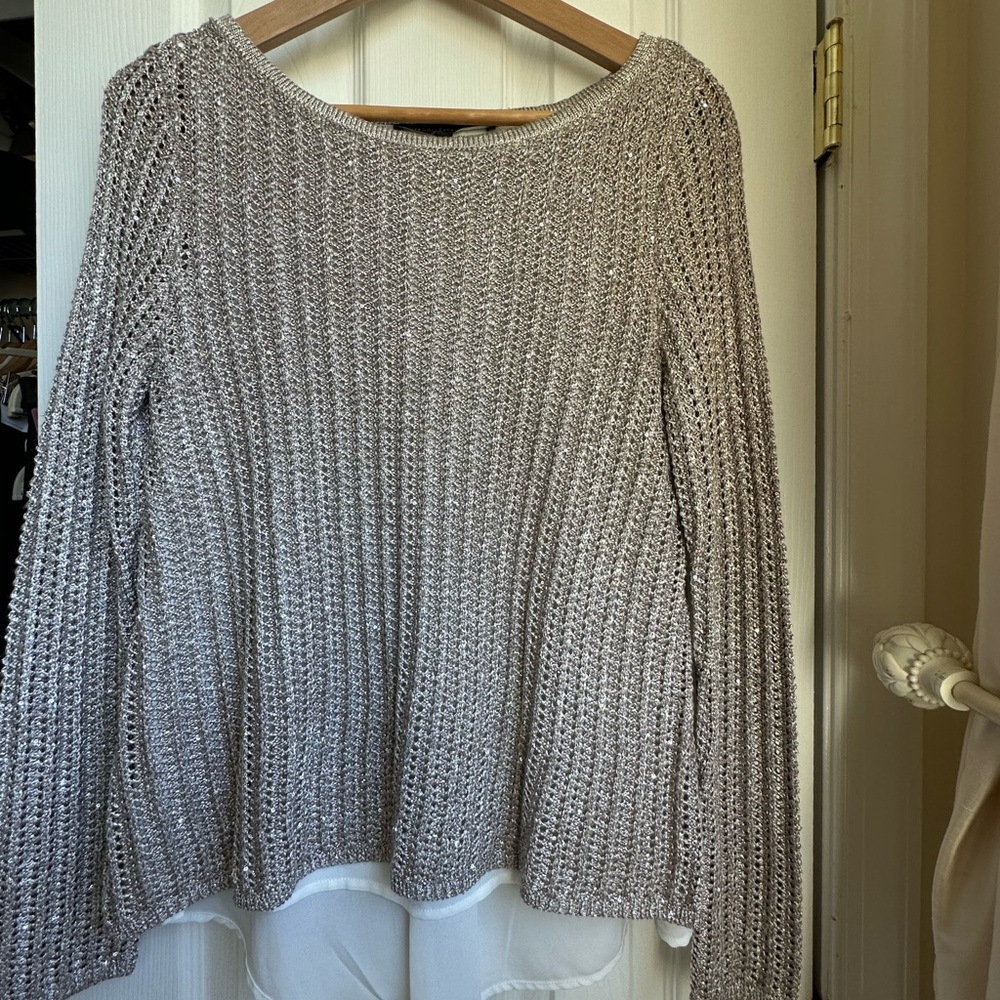 White House Black Market Metallic Taupe Knit Sweater